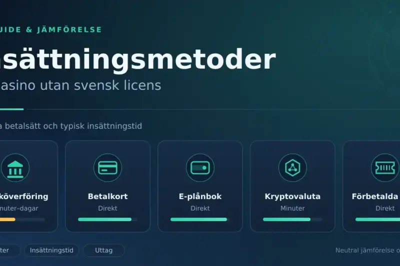 Grafik med rubriken "Insättningsmetoder på casino utan svensk licens" och fem ikonkort som jämför banköverföring, betalkort, e-plånbok, kryptovaluta och förbetalda kort samt deras typiska insättningstid.