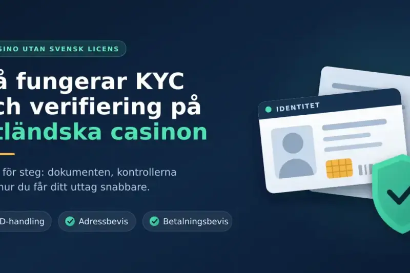 Grafik med rubriken "Så fungerar KYC och verifiering på utländska casinon" bredvid ett illustrerat ID-kort, ett dokument och en sköld med bock, samt orden ID-handling, adressbevis och betalningsbevis.