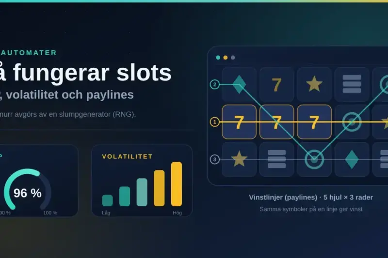 Grafik med rubriken ”Så fungerar slots” där ett spelautomatsrutnät med fem hjul, tre rader och markerade vinstlinjer visas tillsammans med en RTP-mätare på 96 procent och ett stapeldiagram för volatilitet.