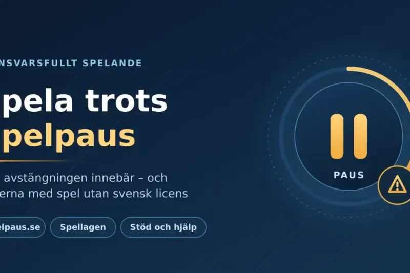 Grafik med texten "Spela trots Spelpaus" bredvid en cirkelformad pausikon och en varningssymbol, som illustrerar riskerna med att kringgå Spelpaus och vikten av ansvarsfullt spelande.