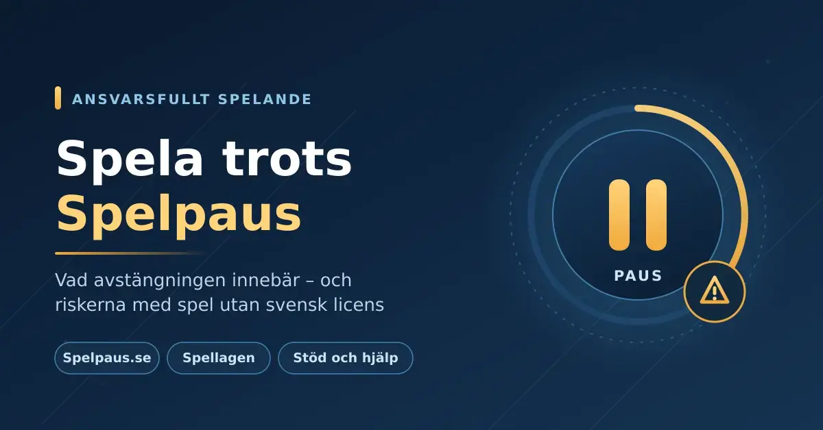 Grafik med texten "Spela trots Spelpaus" bredvid en cirkelformad pausikon och en varningssymbol, som illustrerar riskerna med att kringgå Spelpaus och vikten av ansvarsfullt spelande.