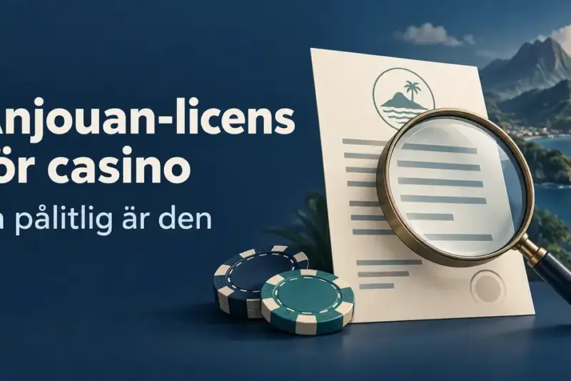 Illustration av ett licensdokument under ett förstoringsglas, casinomarker och ett ölandskap med texten ”Anjouan-licens för casino – Så pålitlig är den”.