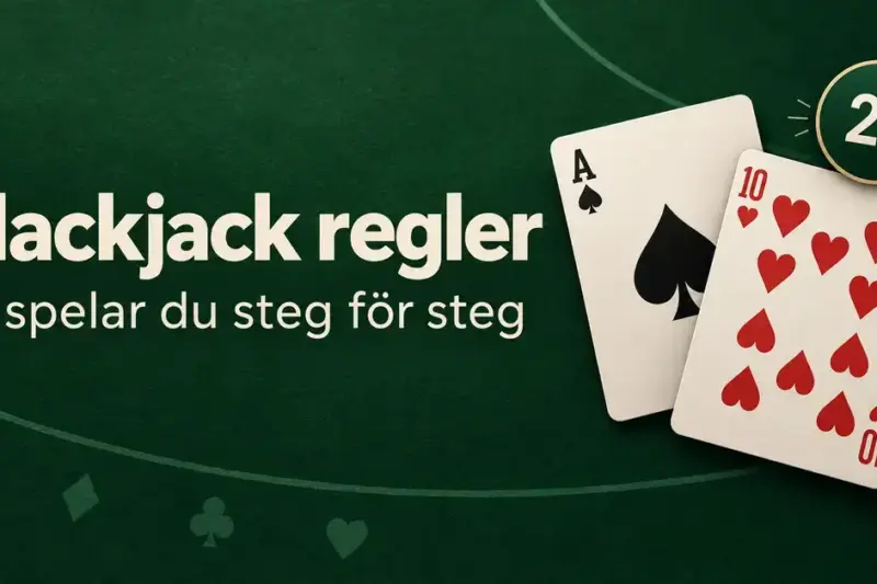 Illustration av spader ess och hjärter tio med poängsumman 21 på grön bakgrund och texten ”Blackjack regler – Så spelar du steg för steg”.