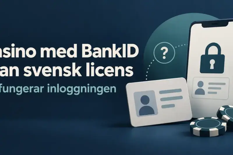 Illustration av en mobil med hänglås, ett id-kort och kasinomarker intill texten ”Casino med BankID utan svensk licens – Så fungerar inloggningen”.