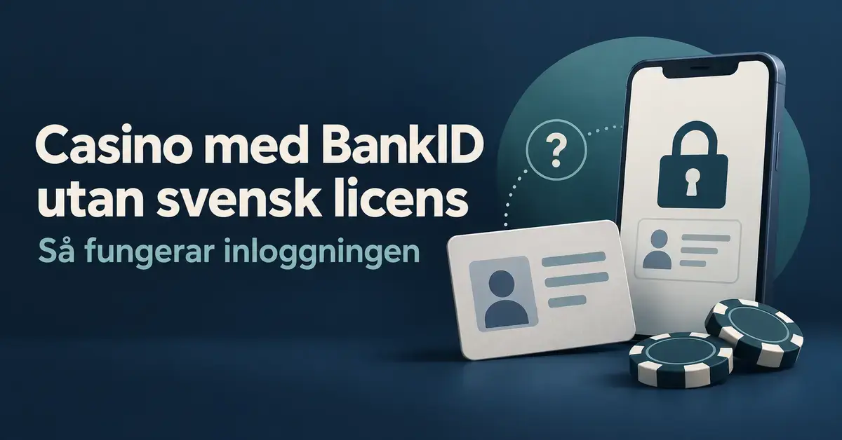 Illustration av en mobil med hänglås, ett id-kort och kasinomarker intill texten ”Casino med BankID utan svensk licens – Så fungerar inloggningen”.