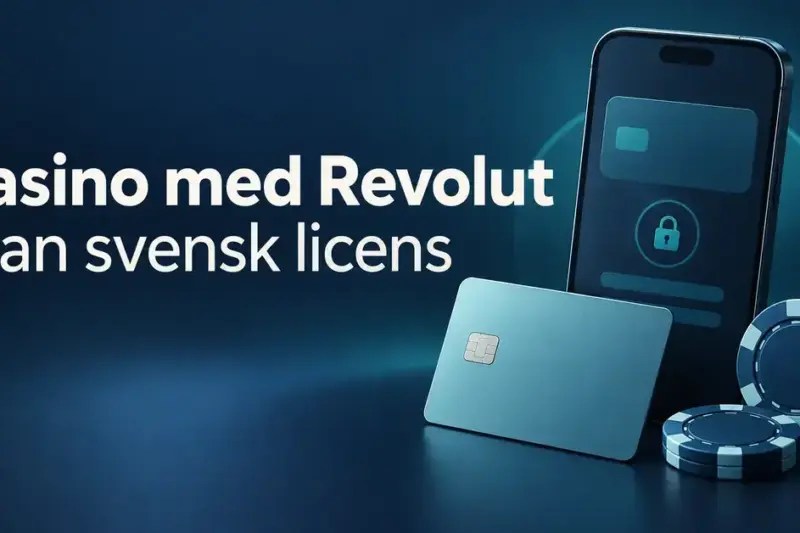 Illustration av en mobil med låssymbol, ett bankkort och två spelmarker bredvid rubriken ”Casino med Revolut utan svensk licens”.