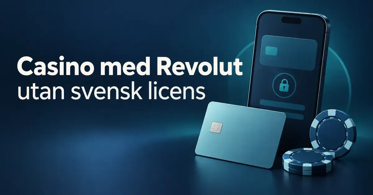 Illustration av en mobil med låssymbol, ett bankkort och två spelmarker bredvid rubriken ”Casino med Revolut utan svensk licens”.