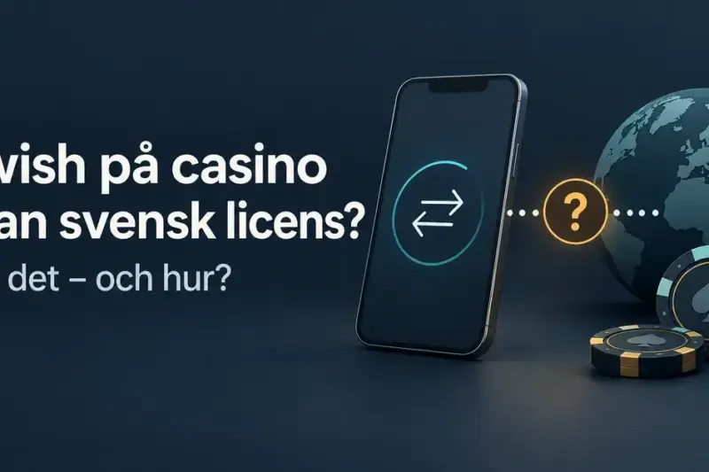 Illustration med mobiltelefon, frågetecken, jordglob och spelmarker samt texten ”Swish på casino utan svensk licens? Går det – och hur?”.