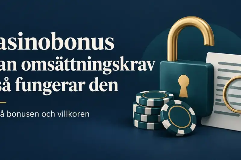 Illustration av ett öppet hänglås, kasinomarker och ett villkorsdokument med förstoringsglas intill rubriken ”Casinobonus utan omsättningskrav – så fungerar den”.