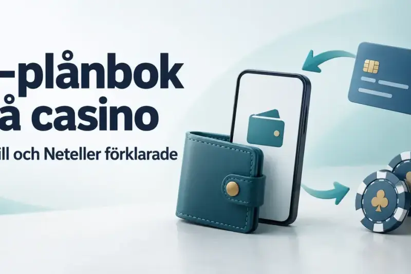 Illustration av en digital plånbok, mobiltelefon, bankkort och casinomarker med texten ”E-plånbok på casino – Skrill och Neteller förklarade”.