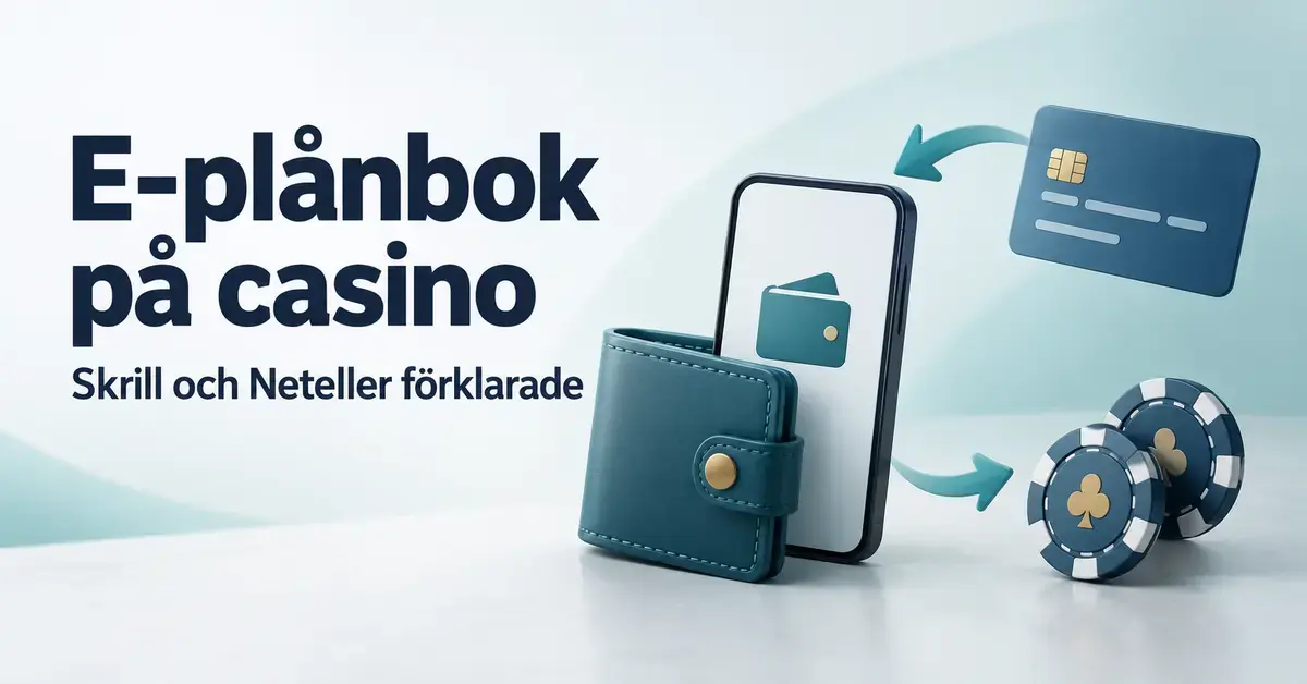 Illustration av en digital plånbok, mobiltelefon, bankkort och casinomarker med texten ”E-plånbok på casino – Skrill och Neteller förklarade”.