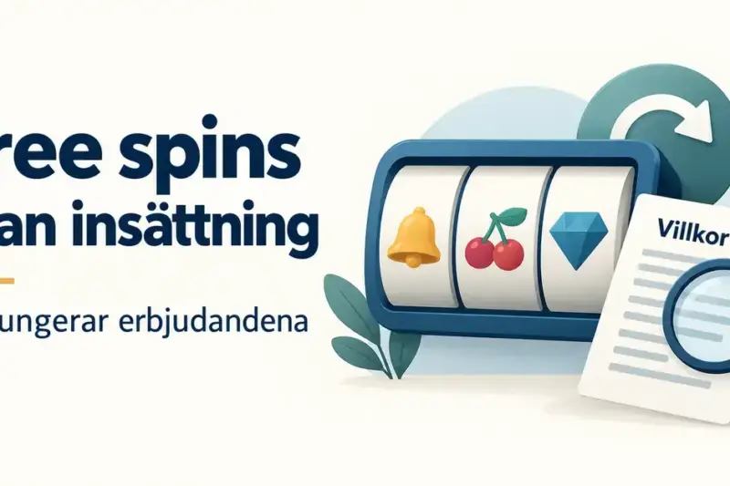 Illustration av spelhjul, en snurrpil och ett villkorsdokument med förstoringsglas till guiden om free spins utan insättning.