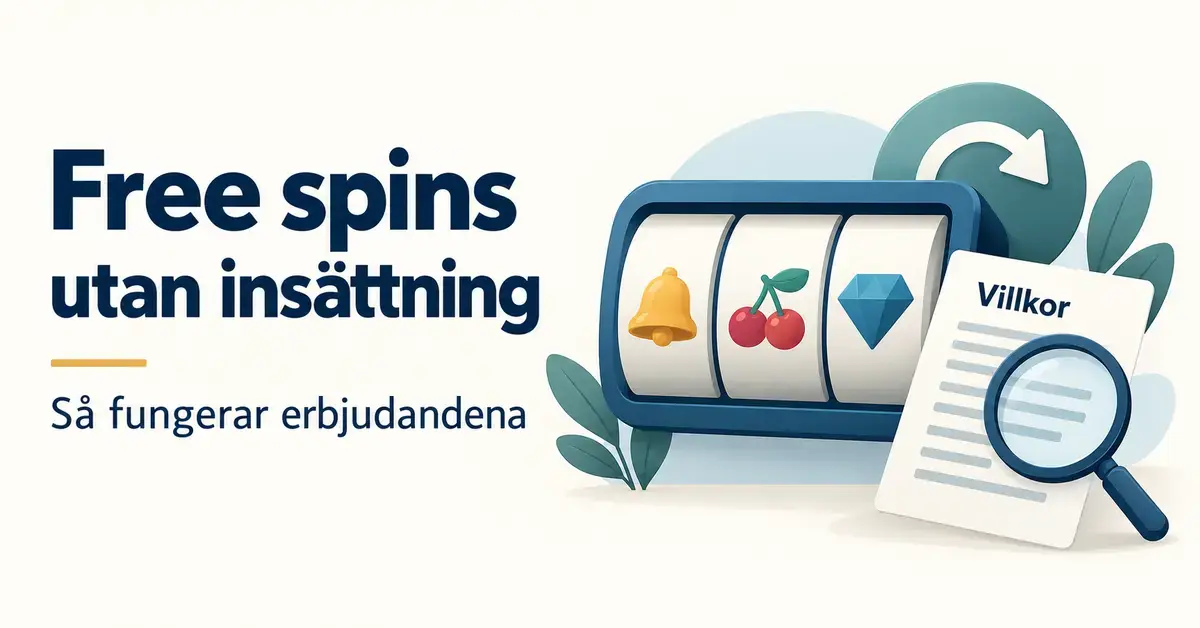 Illustration av spelhjul, en snurrpil och ett villkorsdokument med förstoringsglas till guiden om free spins utan insättning.