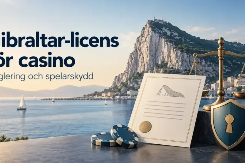Gibraltarklippan med ett licensdokument, en balansvåg, en skyddssköld och spelmarker samt texten ”Gibraltar-licens för casino – Reglering och spelarskydd”.