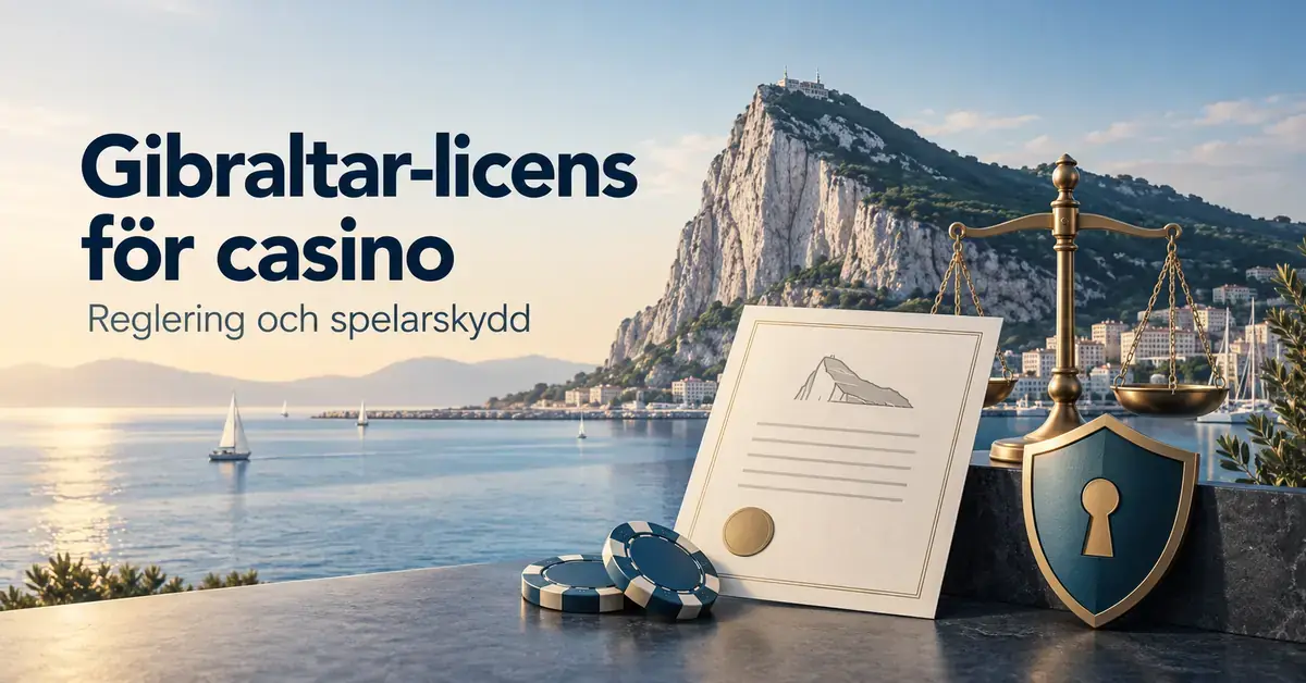 Gibraltarklippan med ett licensdokument, en balansvåg, en skyddssköld och spelmarker samt texten ”Gibraltar-licens för casino – Reglering och spelarskydd”.