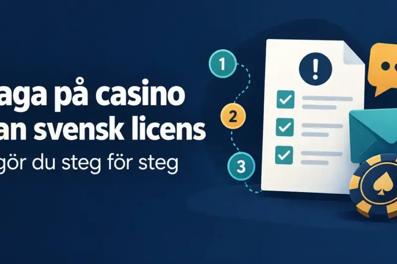 Illustration av ett klagomålsdokument, ett kuvert och en spelmark med tre numrerade steg och texten ”Klaga på casino utan svensk licens – Så gör du steg för steg”.