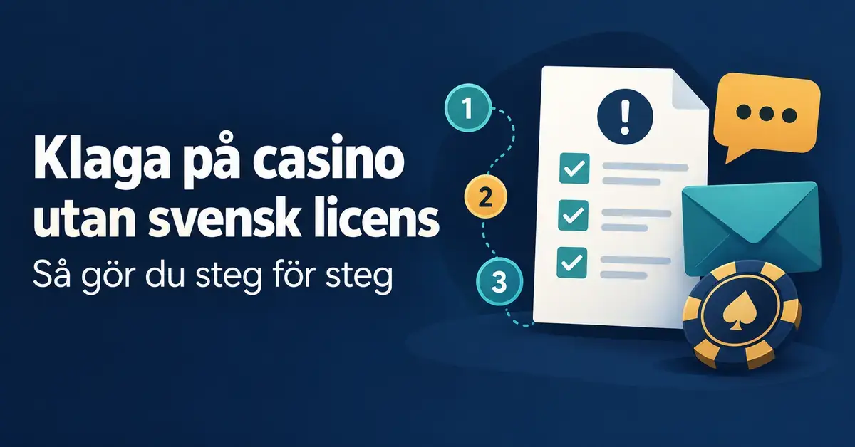 Illustration av ett klagomålsdokument, ett kuvert och en spelmark med tre numrerade steg och texten ”Klaga på casino utan svensk licens – Så gör du steg för steg”.