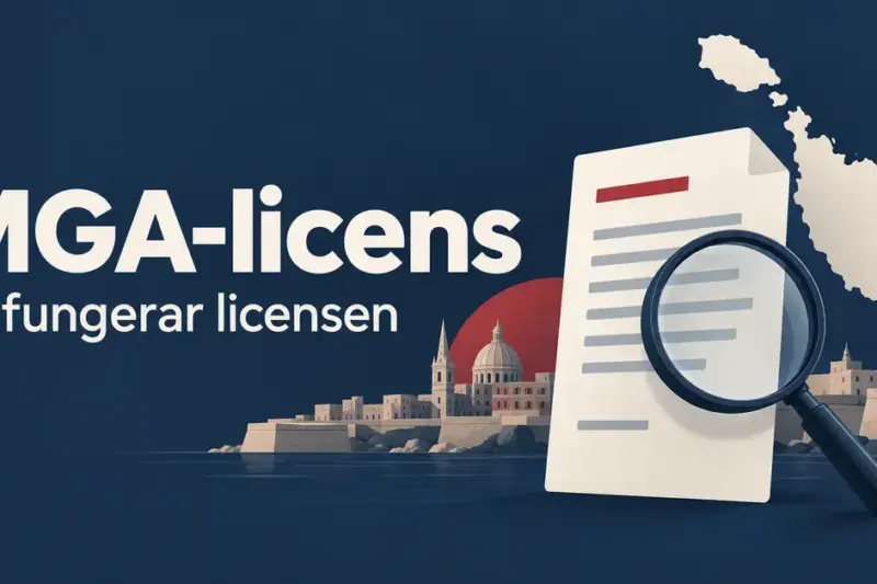 Illustration av ett licensdokument med förstoringsglas, Maltas öar och bebyggelse samt texten ”MGA-licens – Så fungerar licensen”.