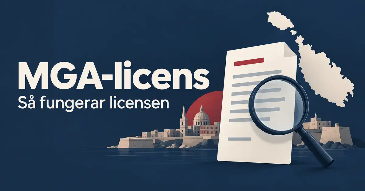 Illustration av ett licensdokument med förstoringsglas, Maltas öar och bebyggelse samt texten ”MGA-licens – Så fungerar licensen”.