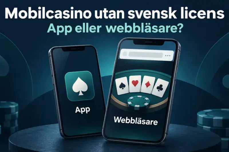 Två mobiltelefoner visar en casinoapp och casinospel i webbläsaren under rubriken ”Mobilcasino utan svensk licens – app eller webbläsare?”.