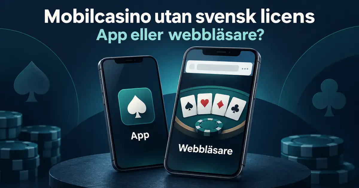 Två mobiltelefoner visar en casinoapp och casinospel i webbläsaren under rubriken ”Mobilcasino utan svensk licens – app eller webbläsare?”.