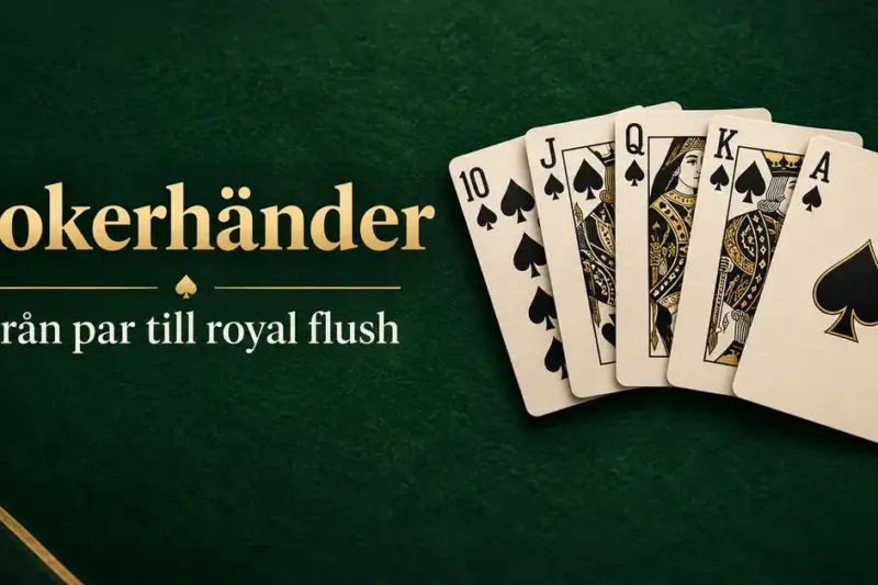 Fem spelkort i spader bildar en royal flush mot en mörkgrön bakgrund bredvid texten ”Pokerhänder – Från par till royal flush”.
