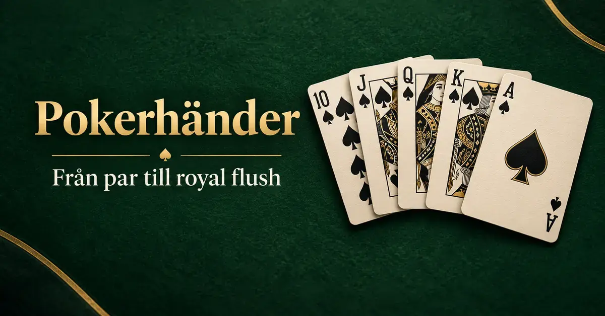Fem spelkort i spader bildar en royal flush mot en mörkgrön bakgrund bredvid texten ”Pokerhänder – Från par till royal flush”.