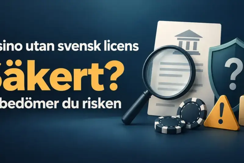 Illustration med texten ”Casino utan svensk licens – Säkert? Så bedömer du risken” samt förstoringsglas, licensdokument, sköld, hänglås, spelmarker och varningstriangel.