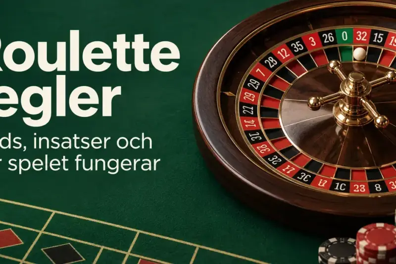 Roulettehjul med kula och spelmarker på ett grönt spelbord intill texten ”Roulette regler – Odds, insatser och hur spelet fungerar”.