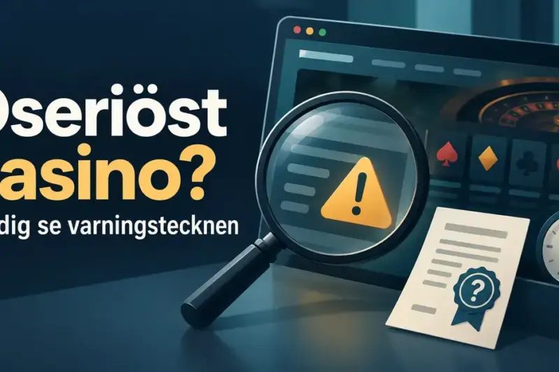 Illustration av ett nätcasino med förstoringsglas, varningstriangel, licensdokument och klocka som symboliserar varningstecken på en oseriös operatör.
