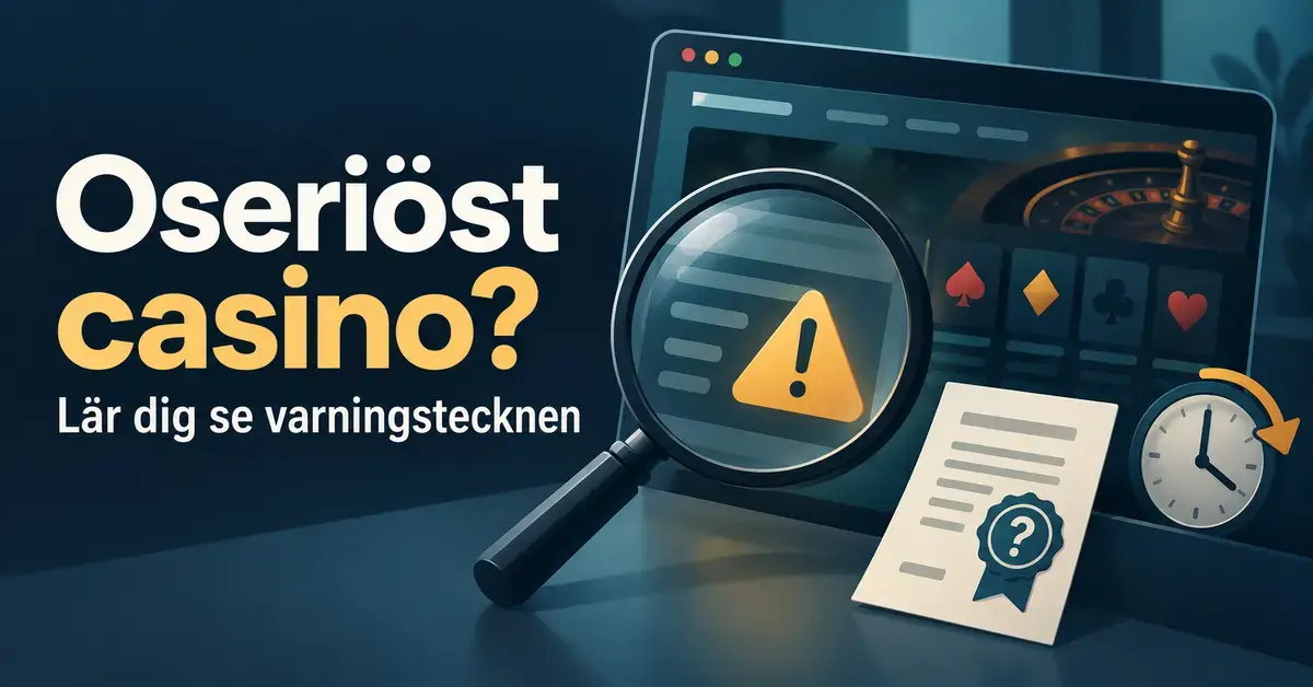 Illustration av ett nätcasino med förstoringsglas, varningstriangel, licensdokument och klocka som symboliserar varningstecken på en oseriös operatör.