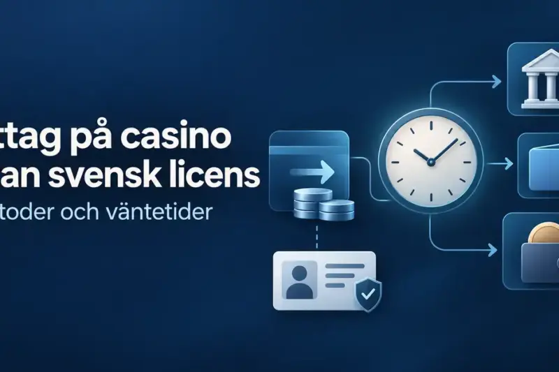 Illustration av uttag från casino utan svensk licens med symboler för bank, digitala plånböcker, identitetskontroll och en klocka som visar väntetid.