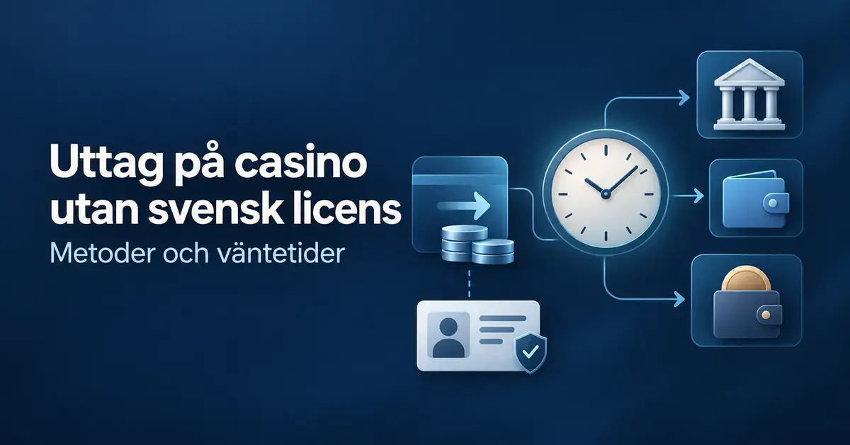 Illustration av uttag från casino utan svensk licens med symboler för bank, digitala plånböcker, identitetskontroll och en klocka som visar väntetid.
