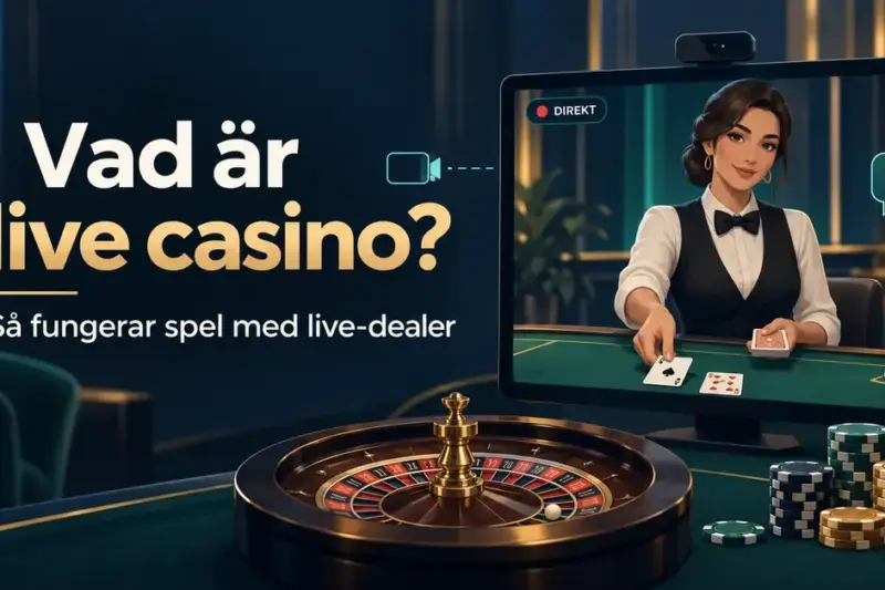 Illustration av live casino med en dealer på en skärm, spelkort, roulettehjul och symboler för direktsändning och chatt.