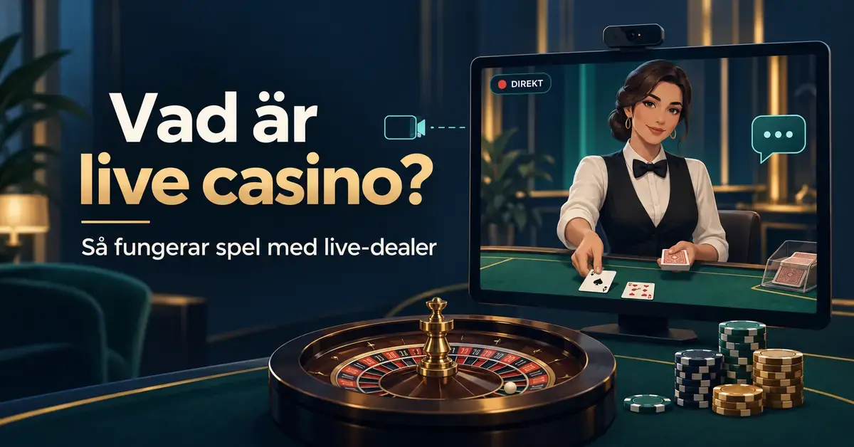 Illustration av live casino med en dealer på en skärm, spelkort, roulettehjul och symboler för direktsändning och chatt.