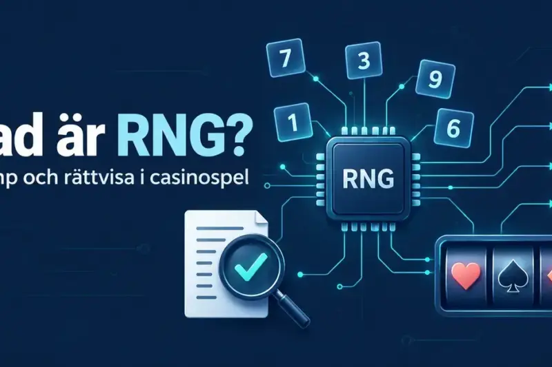 Illustration av en RNG-krets med slumptal, kortsymboler och spelhjul samt ett granskningsdokument som symboliserar kontroll av casinospelens rättvisa.
