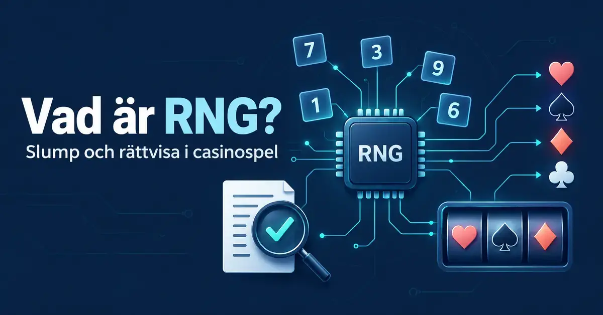 Illustration av en RNG-krets med slumptal, kortsymboler och spelhjul samt ett granskningsdokument som symboliserar kontroll av casinospelens rättvisa.