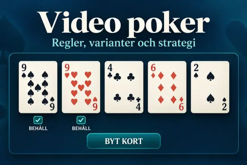 Illustration av video poker med fem spelkort, två nior markerade för att behållas och en knapp för att byta kort.
