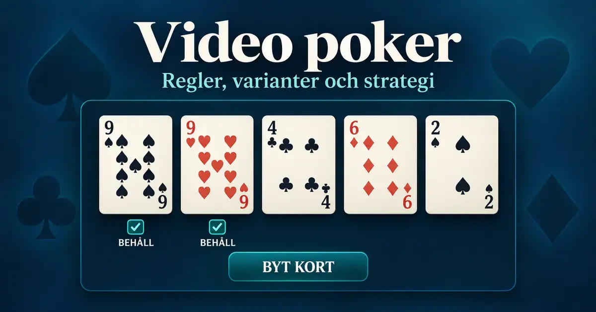 Illustration av video poker med fem spelkort, två nior markerade för att behållas och en knapp för att byta kort.